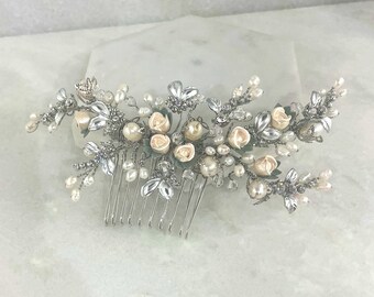Antique/Vintage Hair Comb with Micro-beading, Silver/Pearl/Rose Design Vintage Bridal Faux Pearl Roses Beaded Hair Comb Headpiece  main image 3