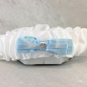 White Satin Wedding Garter with Blue Bow and Heart Crystal Detail | Something Blue Garter
