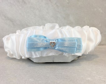 White Satin Wedding Garter with Blue Bow and Heart Crystal Detail | Something Blue Garter