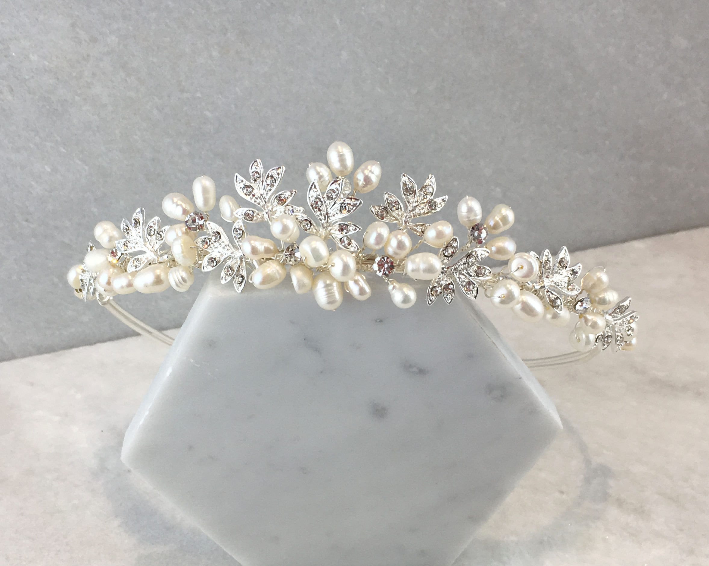 Freshwater Pearl & Diamante Leaf Wedding Tiara | Leaf Tiara | Pearl Bridal Tiara | Arielle