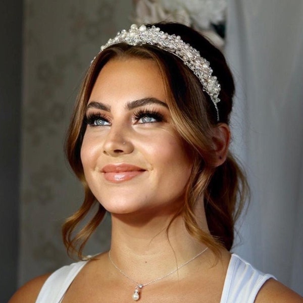 Freshwater Pearl & Cubic Zirconia Statement Wedding Headband | Bold Wedding Headband | modern bride Pearl Headband