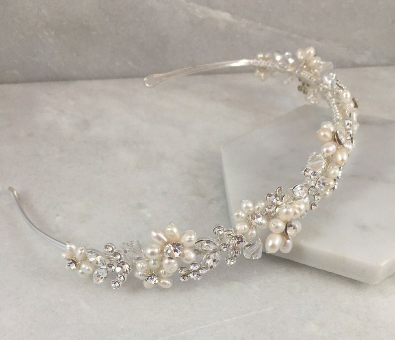 Freshwater Pearl Flower & Crystal Leaf Headband Wedding Headband Pearl and crystal tiara Romance image 1