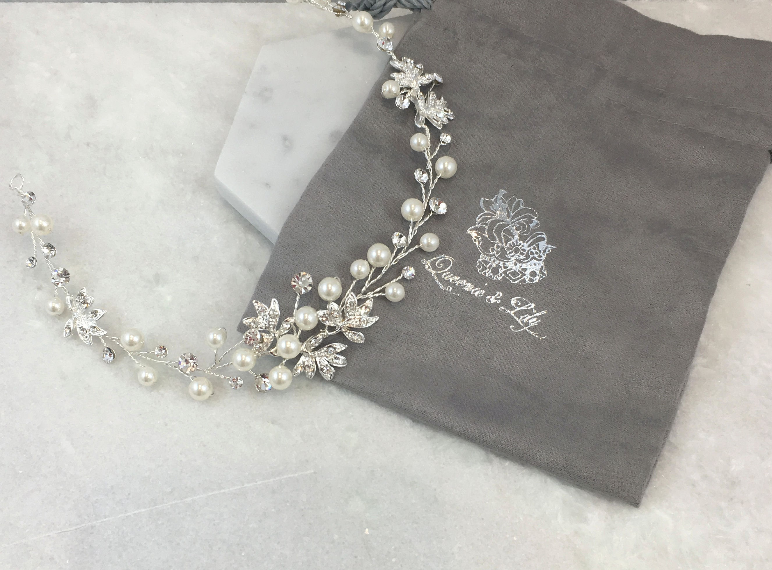 David\'s Bridal Pearl & Crystal Leaf Hair Vine - Ivory and Silver Ivory and Co Aurora Silver Dainty Pearl and Crystal Hair Vine main image 2