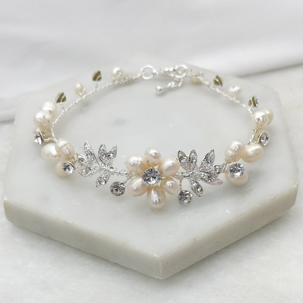 Freshwater Pearl & Diamante Leaf Bracelet | Pearl Bridal Bracelet | Set available | Arielle