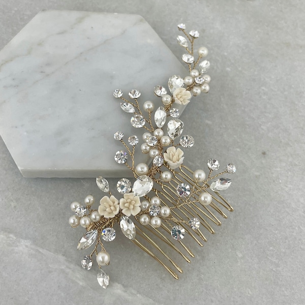 Delicate Flower Gold Hair Comb | Flower, Pearl & Crystal Gold Hair Comb | Gold Flower Hair Slide | Painted Flower