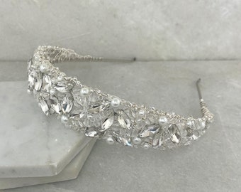 Diadème de mariage en cristal, feuille de diamant et perles | Bandeau de mariage moderne