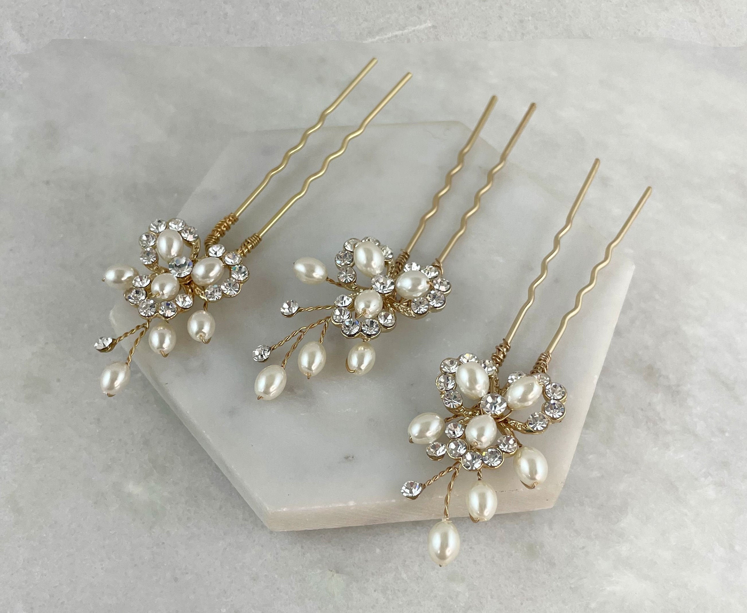 Set of 3 Gold Pearl & Diamante Hair Pins Gold Bridesmaid Etsy