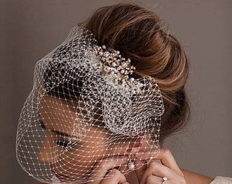 Scattered Pearl Light Ivory Birdcage Veil | Short Wedding Veil | Blusher Veil | Pearl Veil | Birdcage Veil