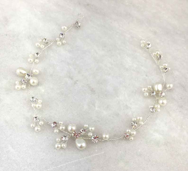 Silver Plated Pearl & Diamante Hair Vine Pearl and Rhinestone Hair Vine Simple Vine image 3