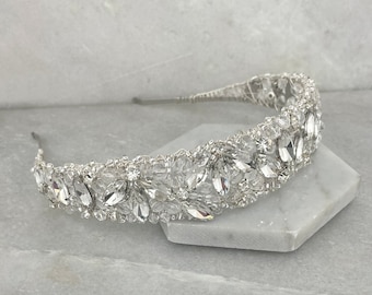 Crystal & Diamante Leaf Wedding Headband | Modern Wide Wedding Headband