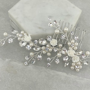 Flower Pearl Crystal Silver Hair Comb: Hand-Painted Clay Flowers