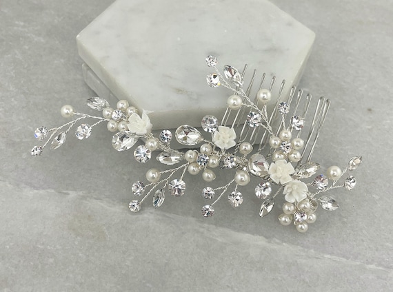 Flower Pearl Crystal Silver Hair Comb: Hand-painted Clay  display picture 1