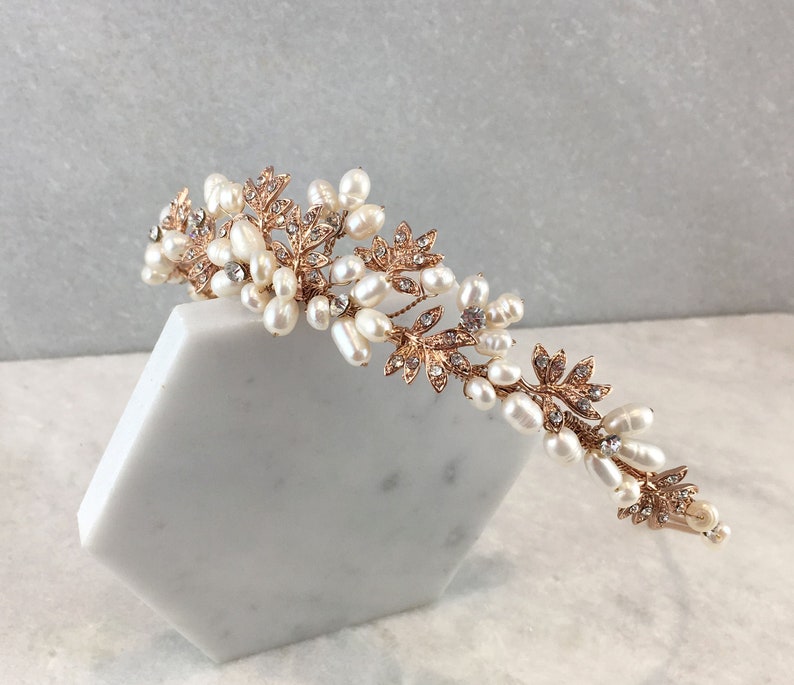Rose Gold Leaf Tiara Arielle Rose Gold wedding Headpiece Rose Gold Pearl /& Diamante Leaf Wedding Tiara
