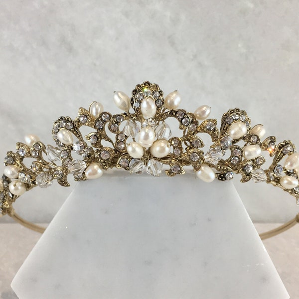 Vintage Gold Freshwater Pearl & Diamante Crystal Wedding Tiara | Traditional Bridal Tiara | Matching Jewellery Available | Esme