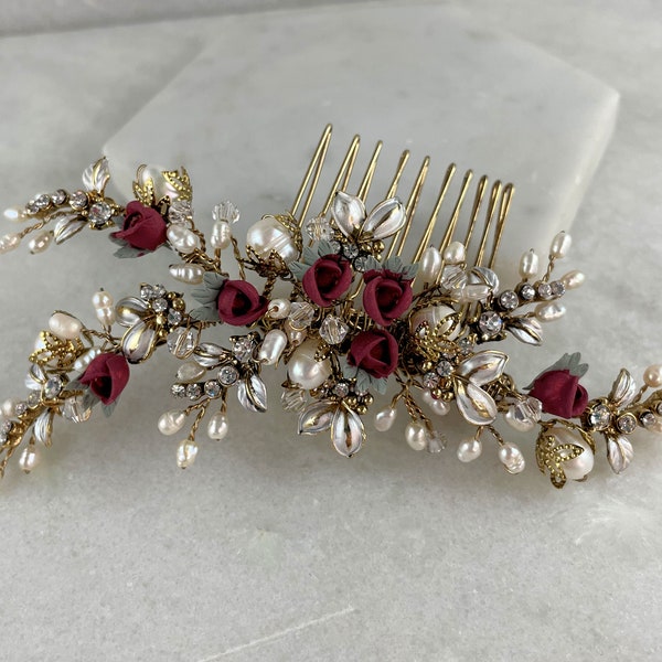 Antique Gold Burgundy Rose Bud Hair Comb | Flower Hair Comb | Red Flower Hair Slide | Rose Bud