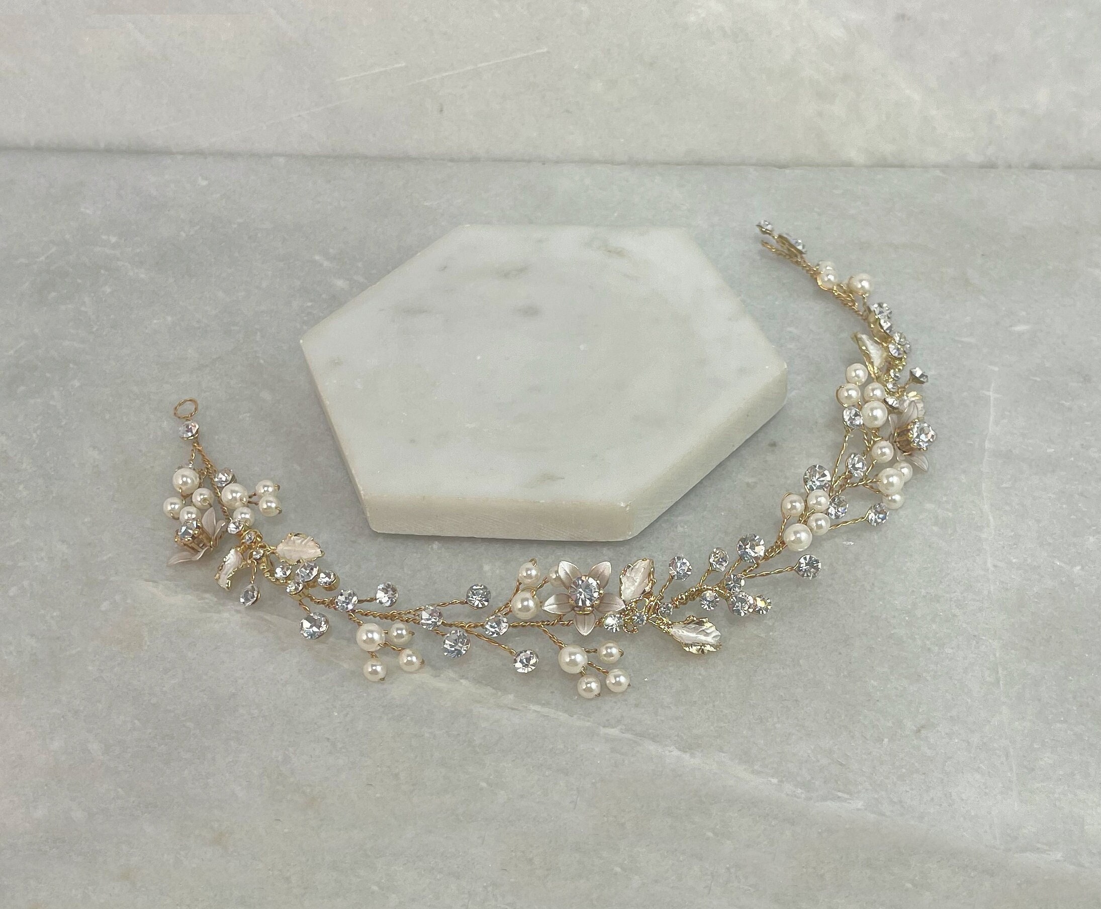 NEW Ivory Pearl & Crystal Gold Bridal Hair Vine Ivory and Co Skylark Rose Gold Leaves and Pearl Hair Vine main image 3