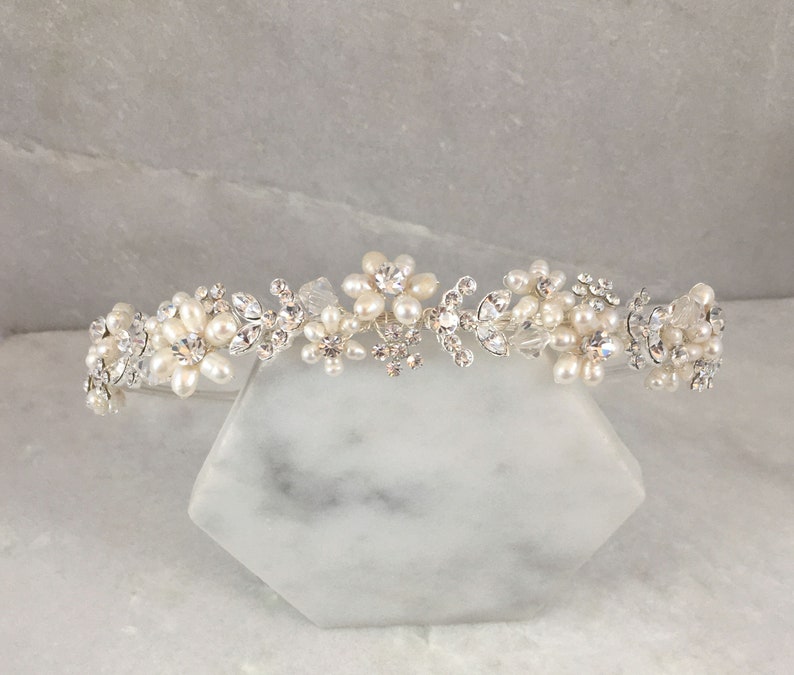 Freshwater Pearl Flower & Crystal Leaf Headband Wedding Headband Pearl and crystal tiara Romance image 4