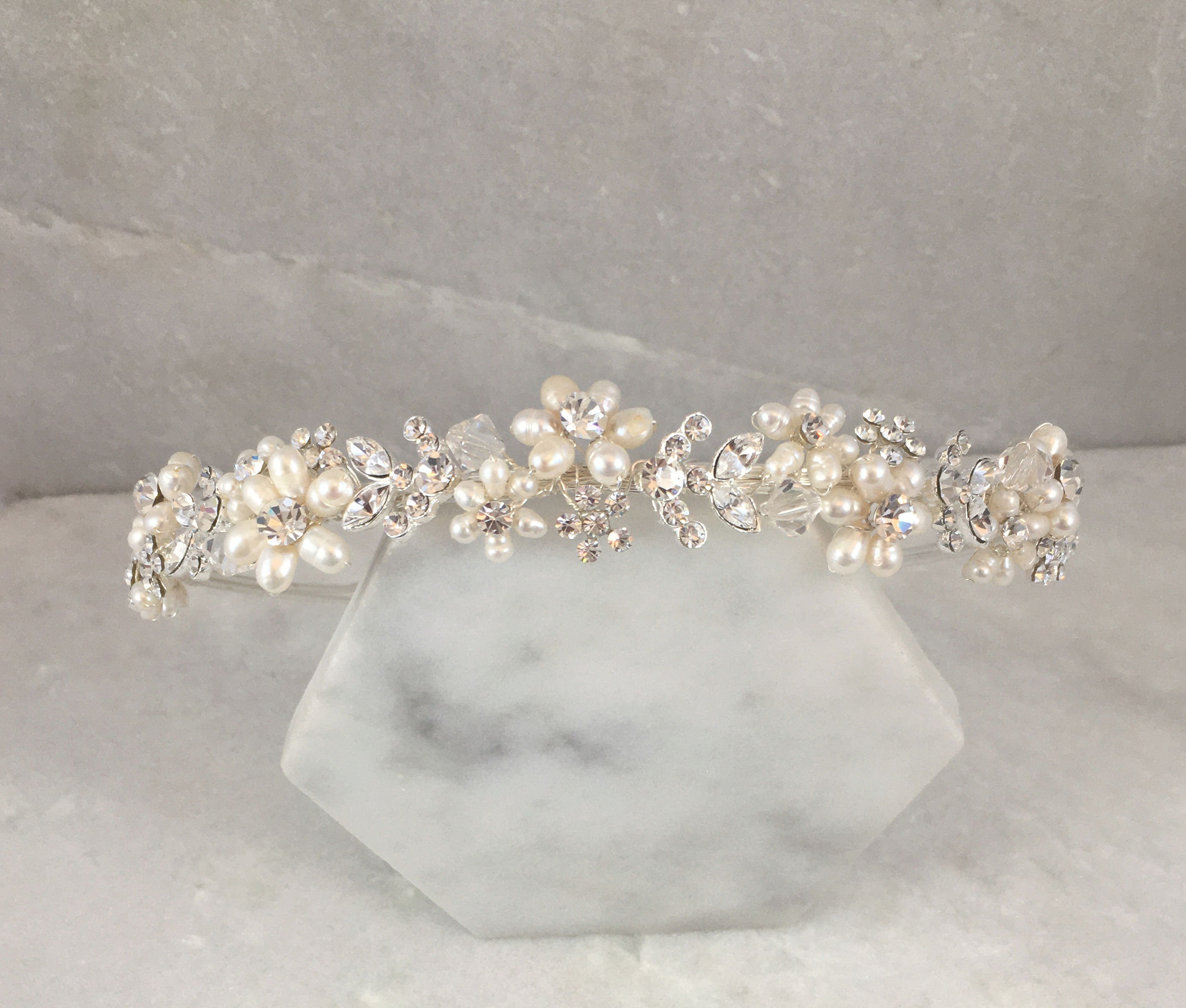 Freshwater Pearl Flower & Crystal Leaf Headband Wedding - Etsy UK