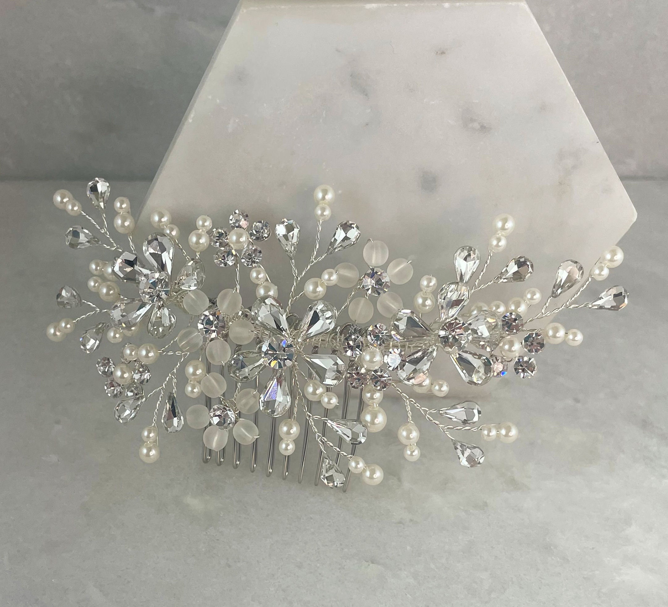 Flower pearl hair comb crystal diamond wedding Swarovski Crystals Pearl Light Blue flower Hair Comb main image 4
