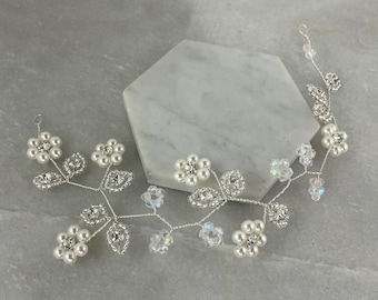 Diamante, Pearl & Crystal Dancing Flower Hair Vine |Short Pearl Flower Hair Vine | Crystal and Pearl Short Hair Vine