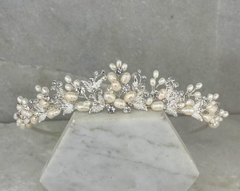 Silver Freshwater Pearl & Diamante Wedding Tiara | Traditional Silver Crystal and Pearl Bridal Tiara | Filigree