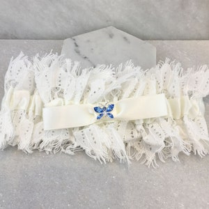 Ivory Eyelash Lace Wedding Garter with &#39;Something Blue&#39; Crystal Butterfly