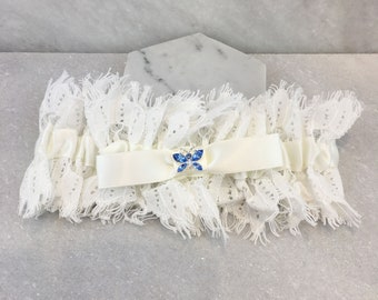 Ivory Eyelash Lace Wedding Garter with 'Something Blue' Crystal Butterfly
