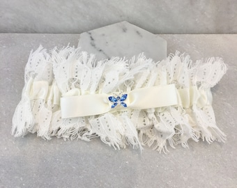 Ivory Eyelash Lace Wedding Garter with &#39;Something Blue&#39; Crystal Butterfly