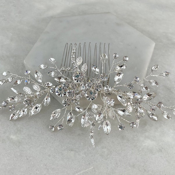 Silver Crystal Diamante Leaf Hair Comb | Vine Hair Comb | Diamond Hair Comb
