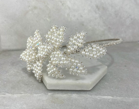 Pearl & Crystal Floral Tiara Headband - Silver Crystal and Pearl Bridal Tiara RANIER Tiara EDEN LUXE Bridal main image 2