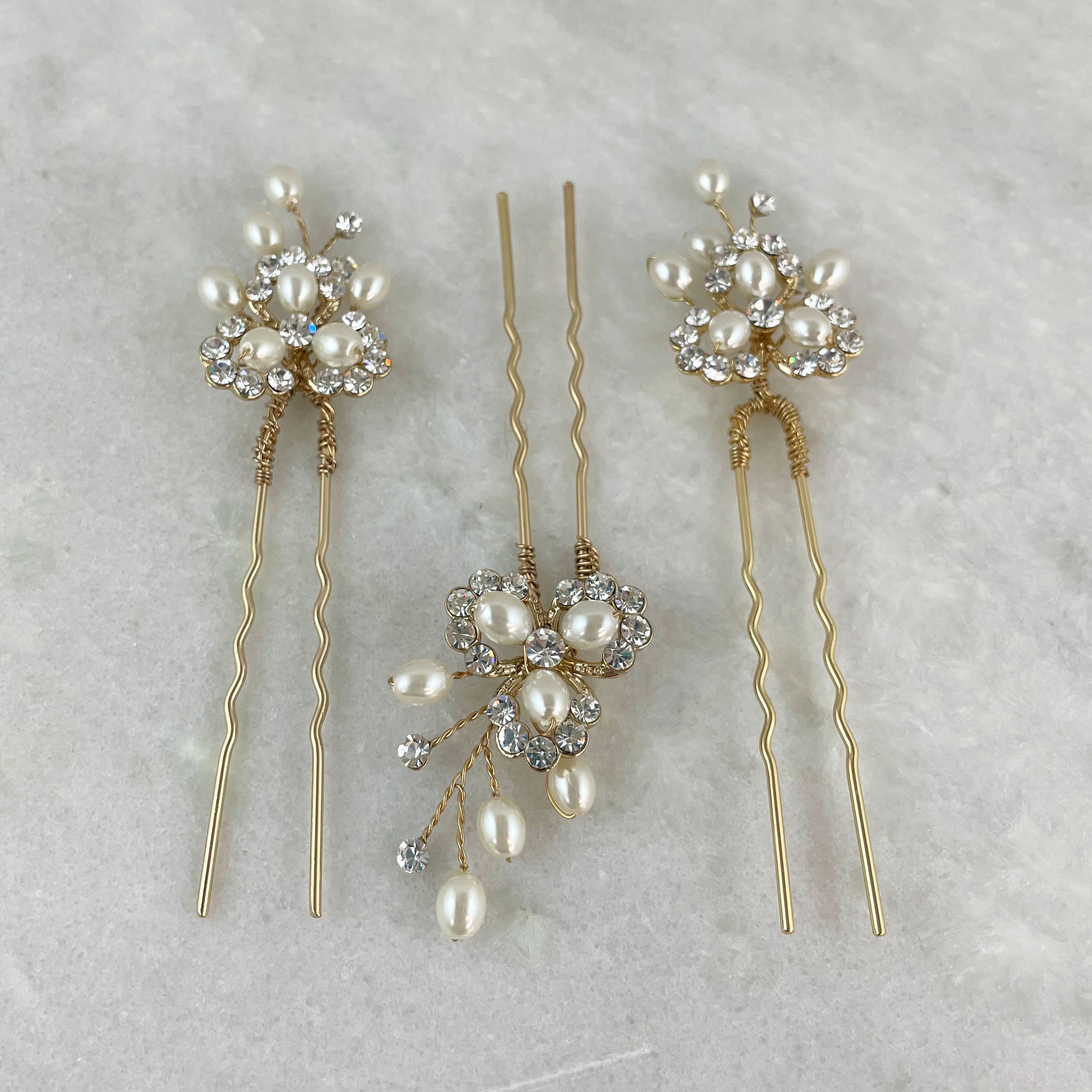 Set of 3 Gold Pearl & Diamante Hair Pins Gold Bridesmaid Etsy