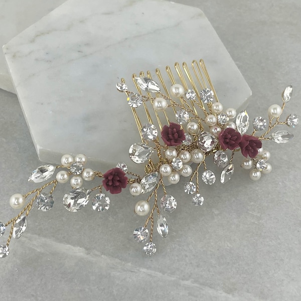 Burgundy Flower Gold Hair Comb | Flower, Pearl & Crystal Gold Burgundy Hair Comb | Red Flower Gold Hair Slide | Painted Flower