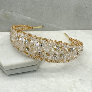 Gold Crystal & Diamante Crescent Headband | Wide Crystal and Diamond Gold Bridal Headband | Modern Gold Wedding Headpiece