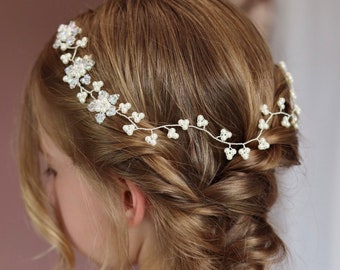 Trailing Flower, Long Pearl & Crystal Hair Vine | Long Flower Hair Vine | Long Bridal Hair Wreath