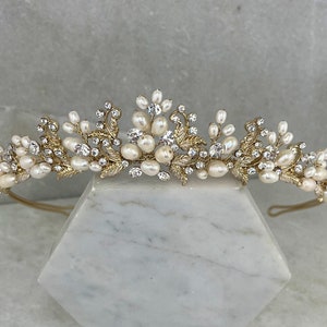 Gold Freshwater Pearl & Diamante Wedding Tiara | Traditional Gold Crystal and Pearl Bridal Tiara | Matching Jewellery Available | Filigree