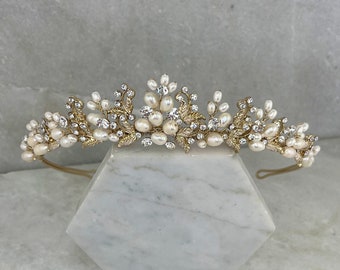 Gold Freshwater Pearl & Diamante Wedding Tiara | Traditional Gold Crystal and Pearl Bridal Tiara | Matching Jewellery Available | Filigree