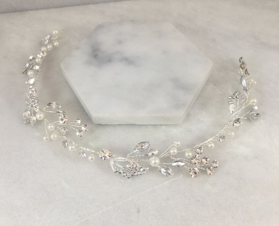 Silver Crystal Hair Vine Pearl Bridal Headpiece Rhinestone Leaf Hair Amazon.com: SWEETV Crystal Bridal Headpiece Silver Wedding  main image 2