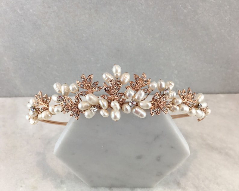 Rose Gold Leaf Tiara Arielle Rose Gold wedding Headpiece Rose Gold Pearl /& Diamante Leaf Wedding Tiara