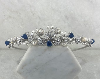 Diadème vintage argenté bleu foncé bouton de rose | Diadème de mariée traditionnel | Diadème de mariée rose bleue | Couronne de fleurs bleues | Bouton de rose