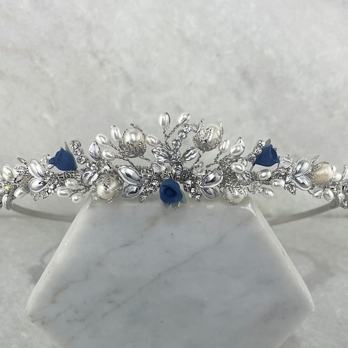 Vintage Silver Dark Blue Rose Bud Tiara | Traditional Bridal Tiara | Blue Rose Bridal Tiara | Blue Flower Crown | Rose Bud