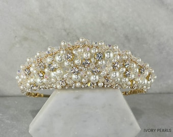 Clustered Pearl & Diamante Gold Wedding Crown | Classic Gold Princess Bridal Tiara | Gold Peak Crown