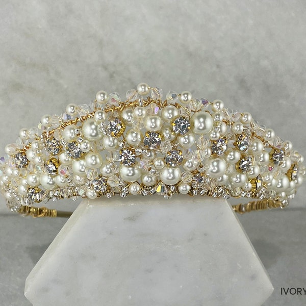 Clustered Pearl & Diamante Gold Wedding Crown | Classic Gold Princess Bridal Tiara | Gold Peak Crown