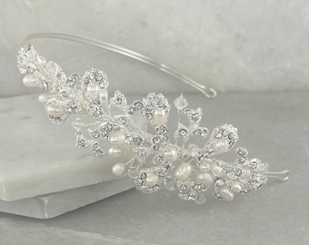 Serre-tête de mariage en argent avec perles d'eau douce et strass | coiffe de mariée vintage | Esmée