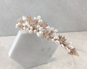 Rose Gold Pearl & Diamante Leaf Wedding Tiara | Rose Gold Leaf Tiara | Rose Gold wedding Headpiece | Arielle
