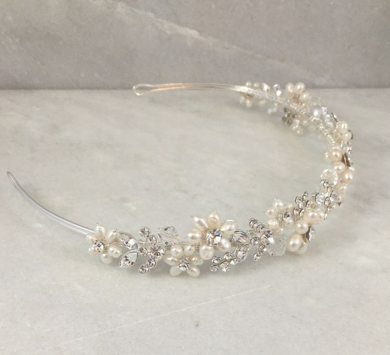 Freshwater Pearl Flower & Crystal Leaf Headband Wedding Headband Pearl and crystal tiara Romance image 2