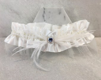 Blue Crystal & Feather Wedding Garter | Something Blue Bridal Garter | Art Deco Bridal Garter