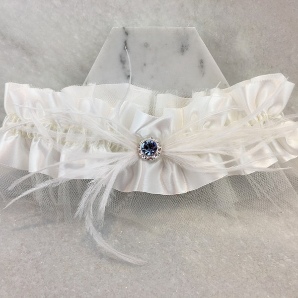 Blue Crystal & Feather Wedding Garter | Something Blue Bridal Garter | Art Deco Bridal Garter