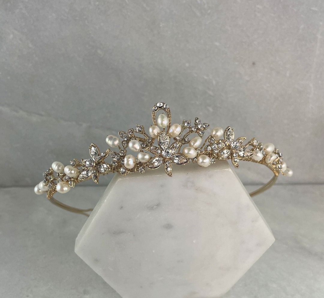 Gold Crystal Flower & Freshwater Pearl Wedding Tiara Classic Pearl Gold ...
