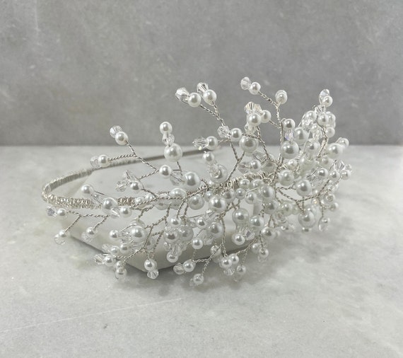 Crystal and Pearl Silver Headband Bridal Headband/Vine Silver Pearl & Crystal - Wedding Hair  main image 3