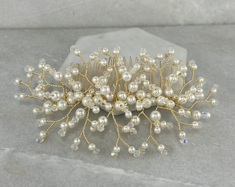 Gold Pearl & Crystal Spray Hair Comb | Gold Pearl and Crystal Veil Comb | Gold Bridesmaid Hair Slide